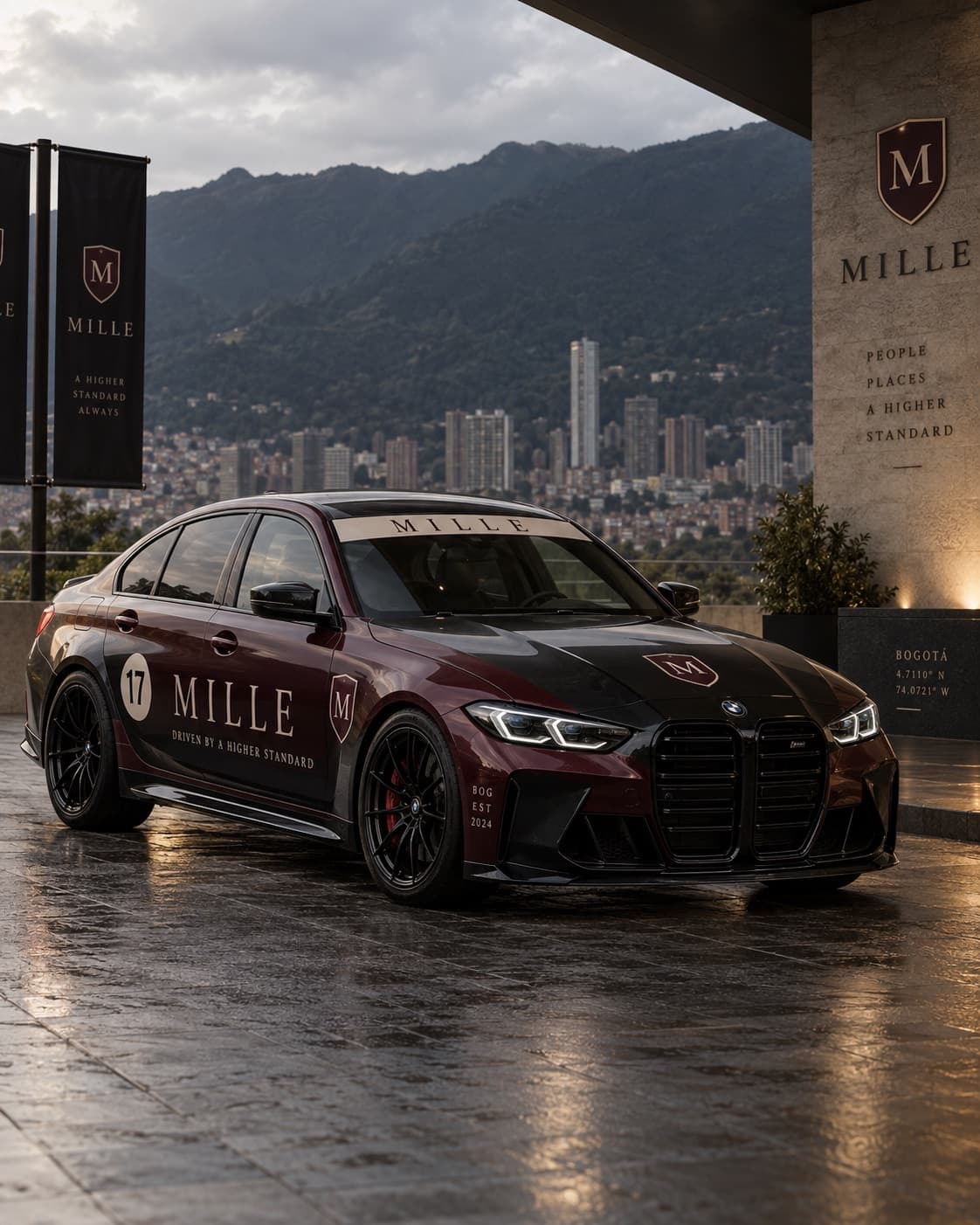 BMW M3 con la identidad de MILLE frente a los cerros de Bogotá